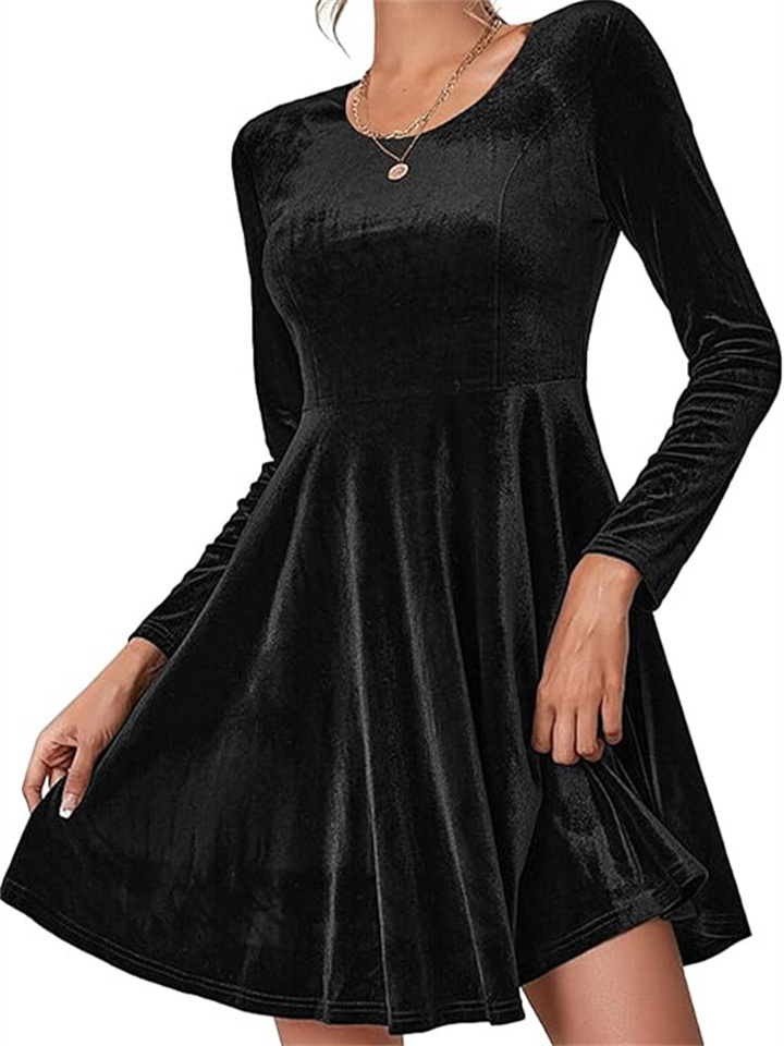 Autumn and Winter New Women's Long-sleeved Round Neck Hem Velvet Dresses