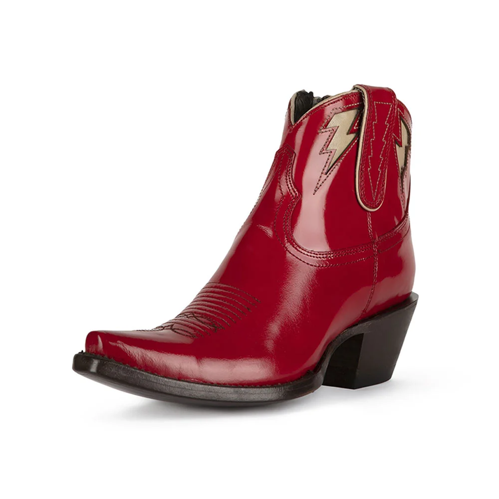 Red Snip Toe Lightning Inlay Chunky Heel Cowboy Boots for Women