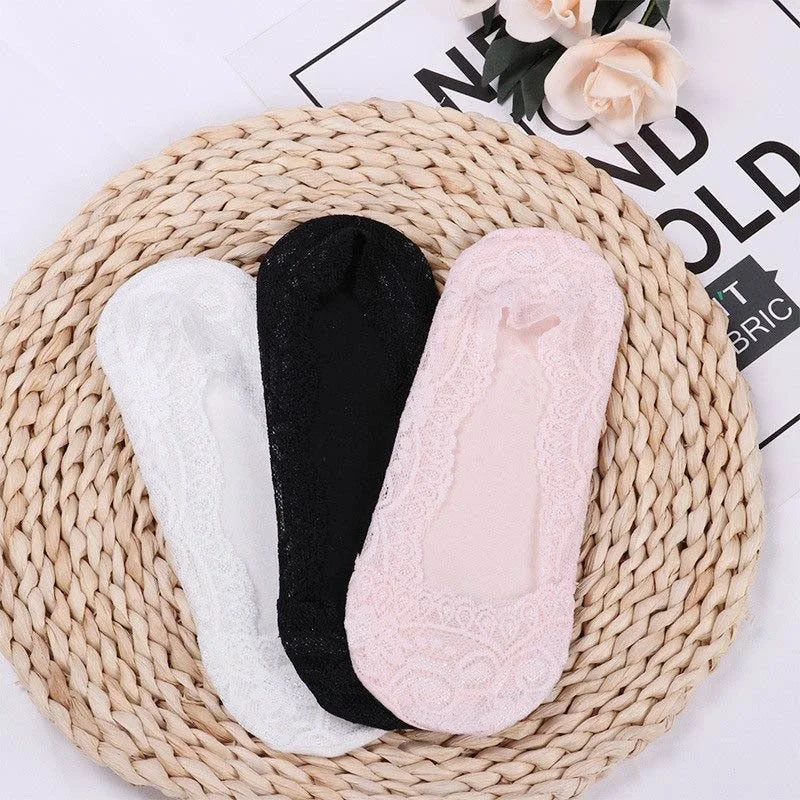 Summer women girl Silica Gel Lace Boat Socks Invisible Cotton Sole Non-slip Antiskid Slippers Anti-Slip Sock 3pair=6pcs