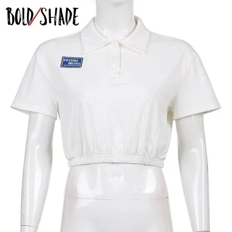 Bold Shade Preppy Style Casual Crop Tees Letter Print Button Indie Fashion Short Sleeve T Shirt Women Slim Turn-down Collar Tops