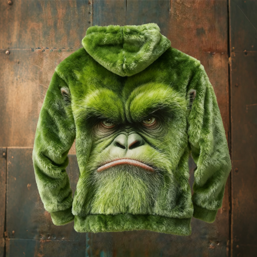 Green Orangutan Art Pattern Cozy Plush Hoodie elevenforest