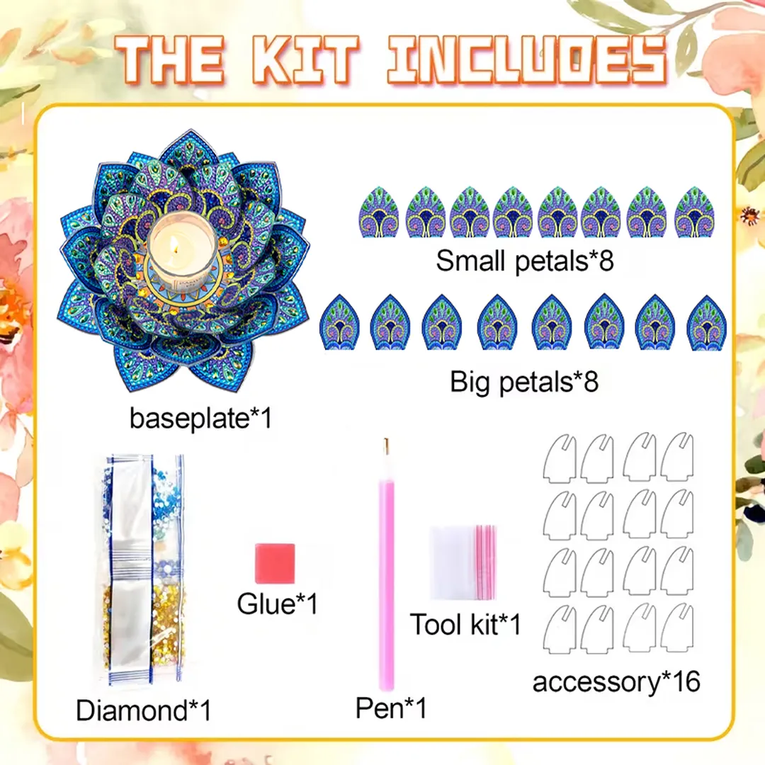 5D DIY Diamond Art Painting DIY Acrylic Desktop Ornament Flower Candle Holders Tealight Handmade Home Office Decor for Adults Beginners (Blue Lotus-A)