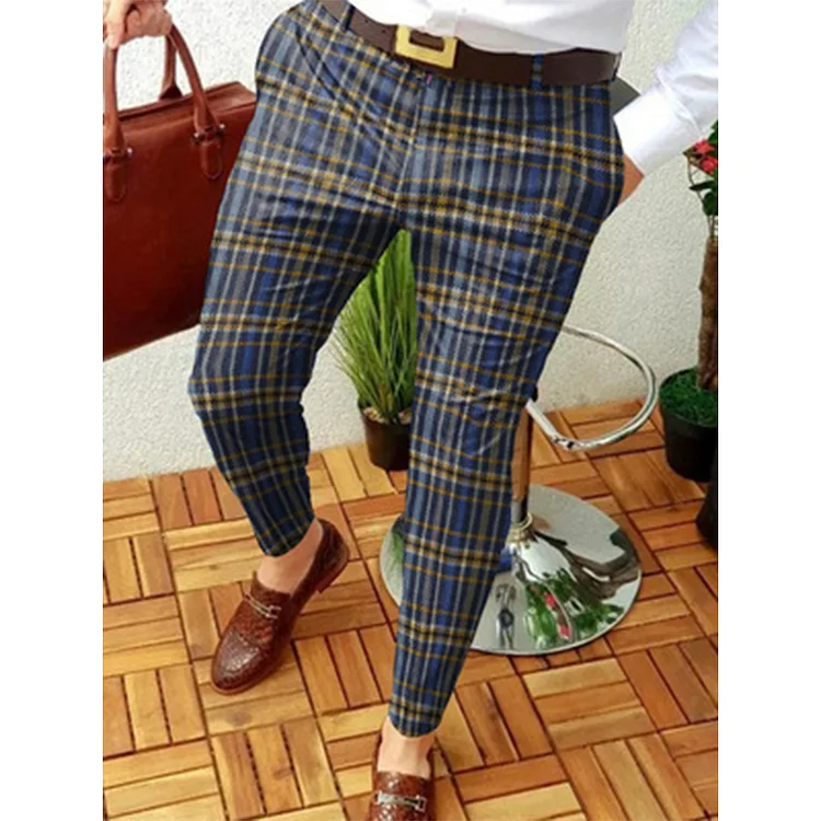 BrosWear Men'S Fashion Casual Plaid Straight Trousers