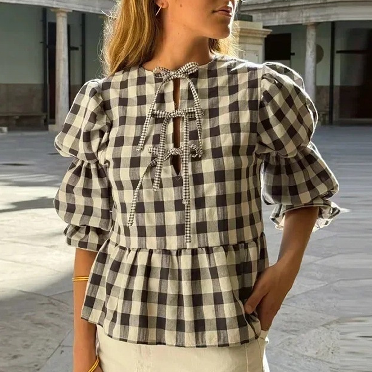 Puff sleeve Plaid Printed Lace up Shirt 