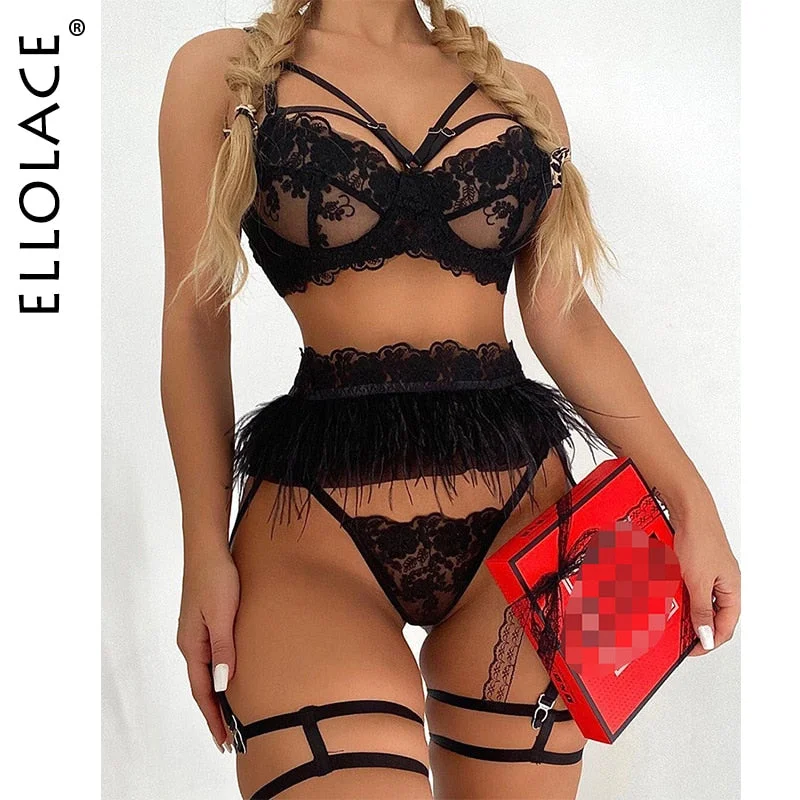 Ellolace Feather Sexy Lingerie Women's Underwear Set Woman 3 Pieces Women Sets Lingerie Sexy Push up Sensual Lingerie Woman