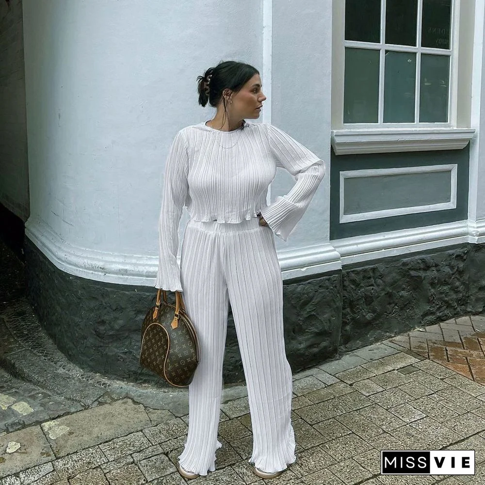 Pleated Loose Blouse Crop Top Wide Leg Pants Outfits