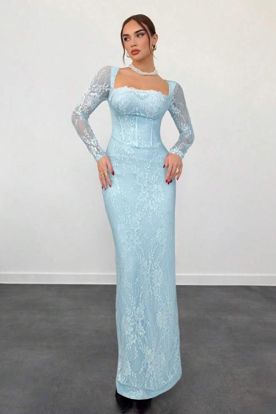 Lussooy Elegant Square Neck Sky Blue Long Sleeves Long Prom Dress with Lace 