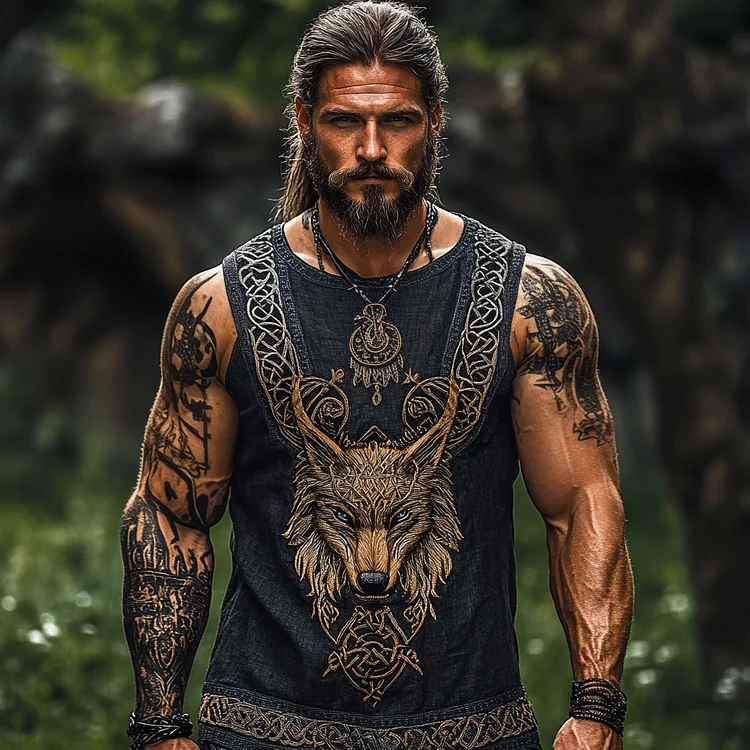 Men's Print Viking Wolf With Celtic Knot Art Pattern  Tank Top