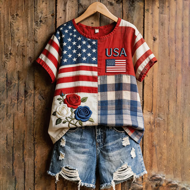  Women's Usa Inspired Floral Linen Blend  T-shirt Westsshops