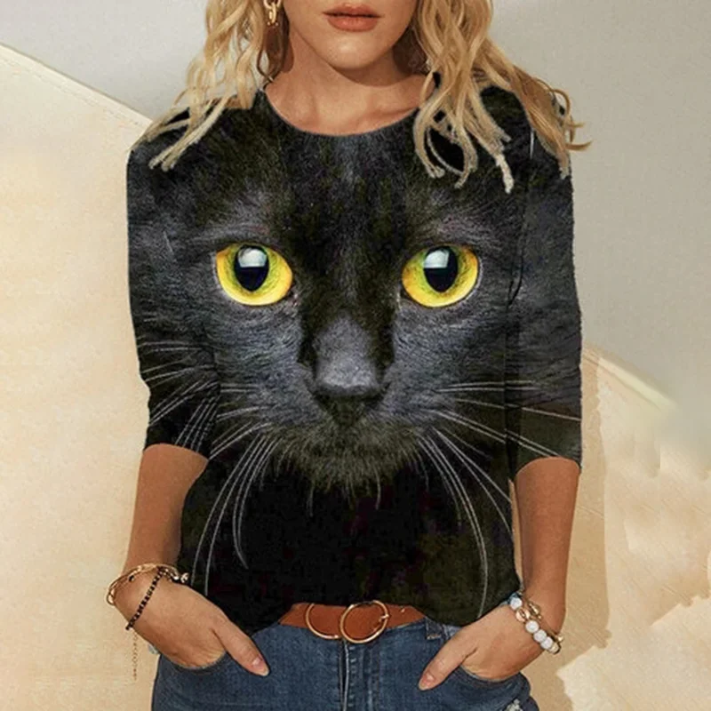 Cat Face Print Long Sleeve O-neck Casual T-shirt