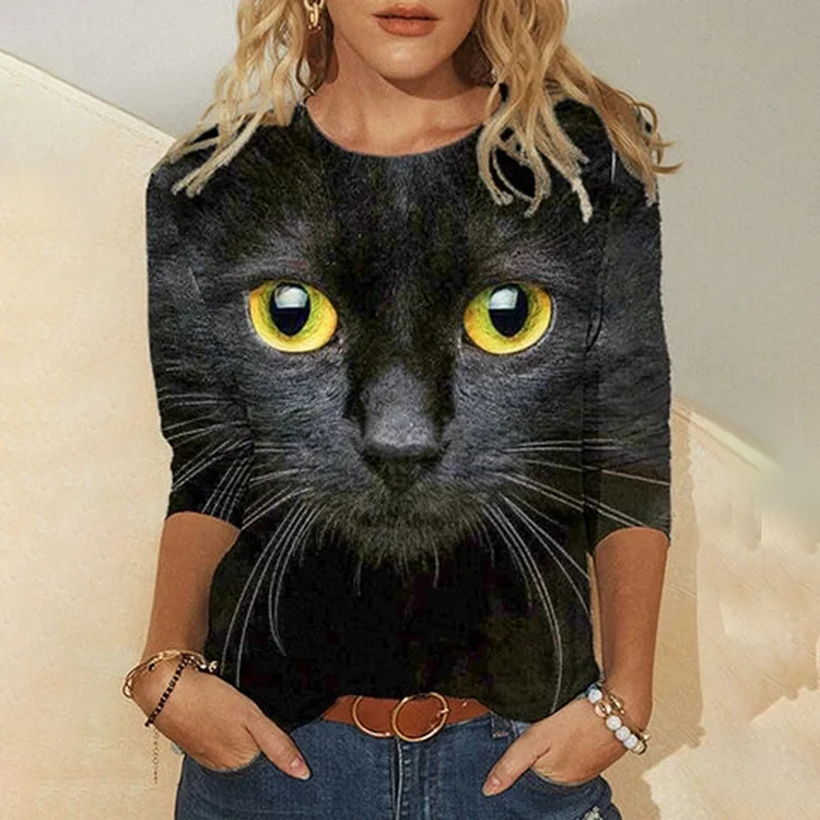 Cat Face Print Long Sleeve O-neck Casual T-shirt