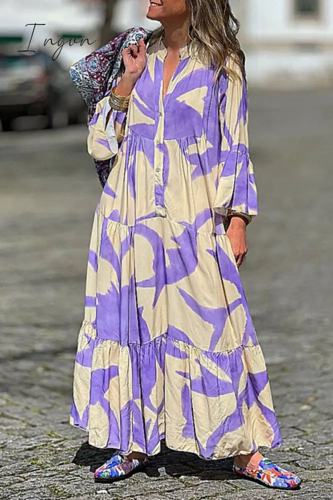Ingvn - Casual Elegant Floral Buttons V Neck Printed Dress Dresses Purple / S Dresses/Floral