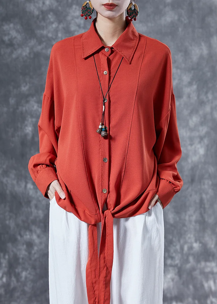 Fine Brick Red Oversized Patchwork Lace Up Chiffon Shirt Tops Spring