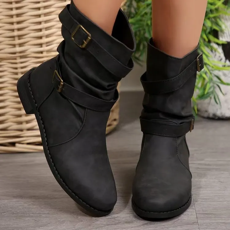 Breakj Breakj Autumn And Winter Martin Boots Belt Buckle Large Size Cylinder Cylindrical Women's Leather Boots