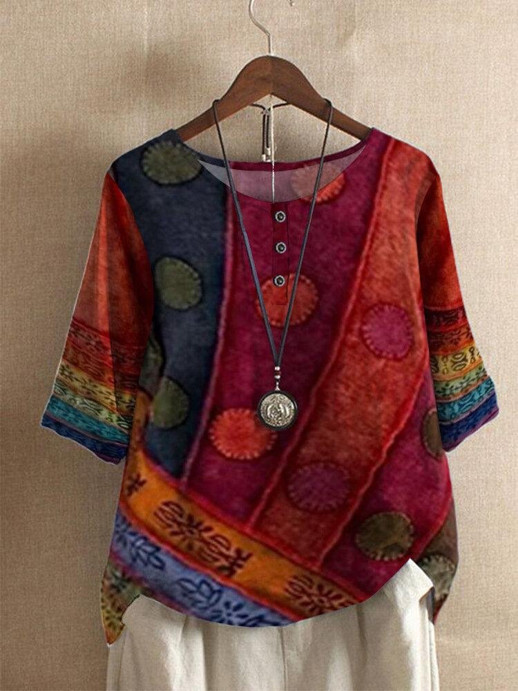 Tribal Pattern O-neck Half Sleeve Loose Women T-shirt