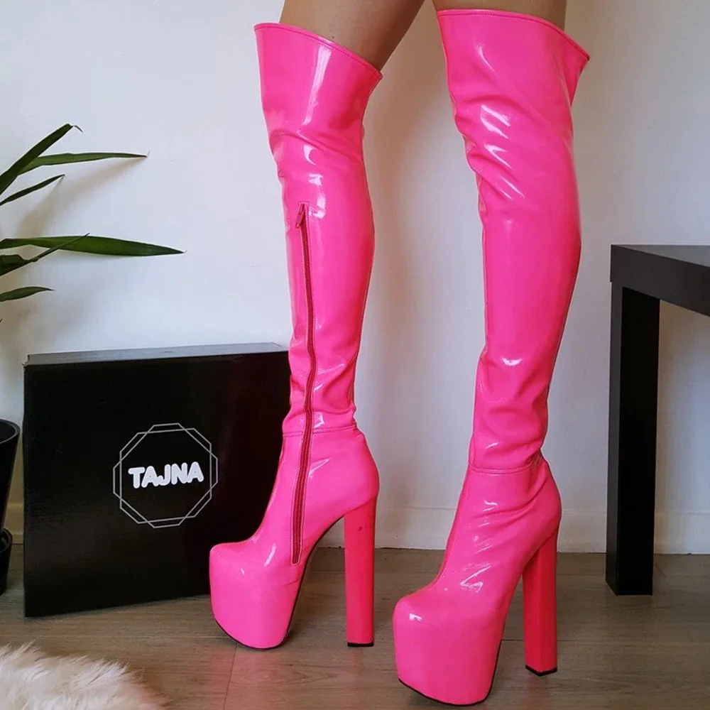 Pink Round Toe Chunky High Heel Platform Side Zip Over Knee Boots