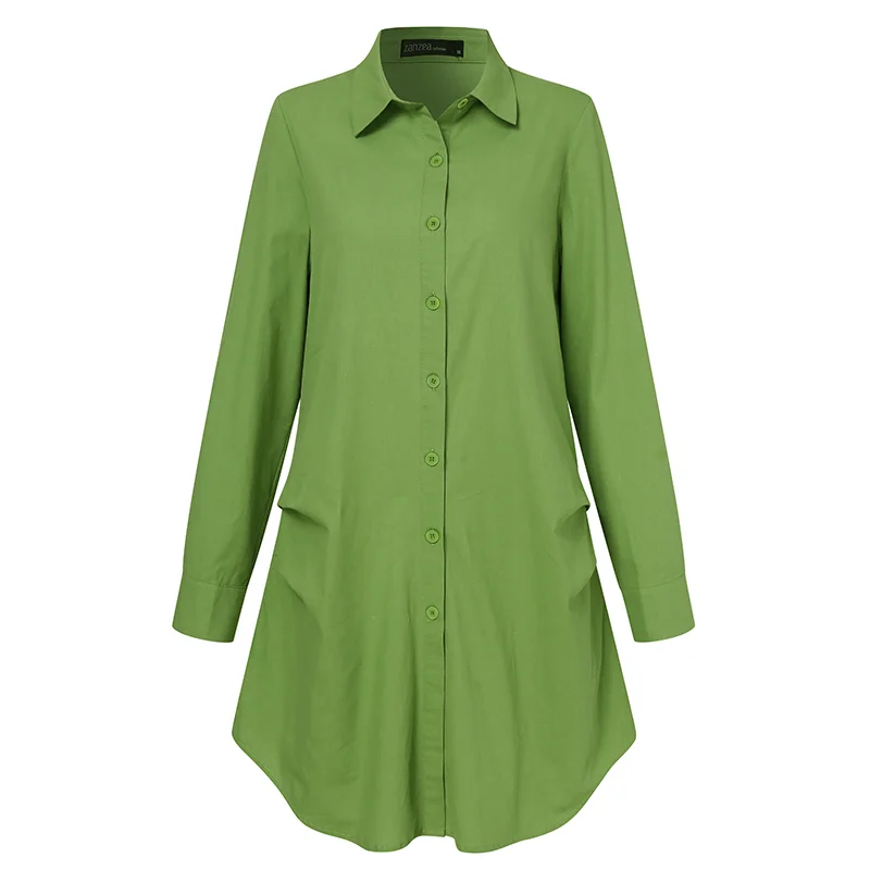 Brownm Women's Irregular Blouse ZANZEA 2022 Fashion Solid Shirts Casual Long Sleeve Blusas Female Button Pleated Tunic Tops Oversized