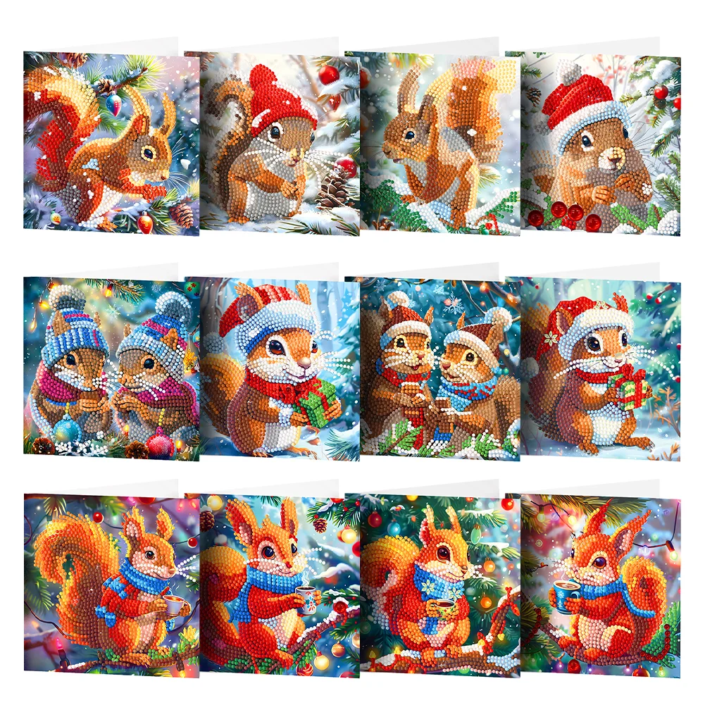 12Pcs Christmas Squirrel Special Shape Bird Diamond Painting Greeting Card