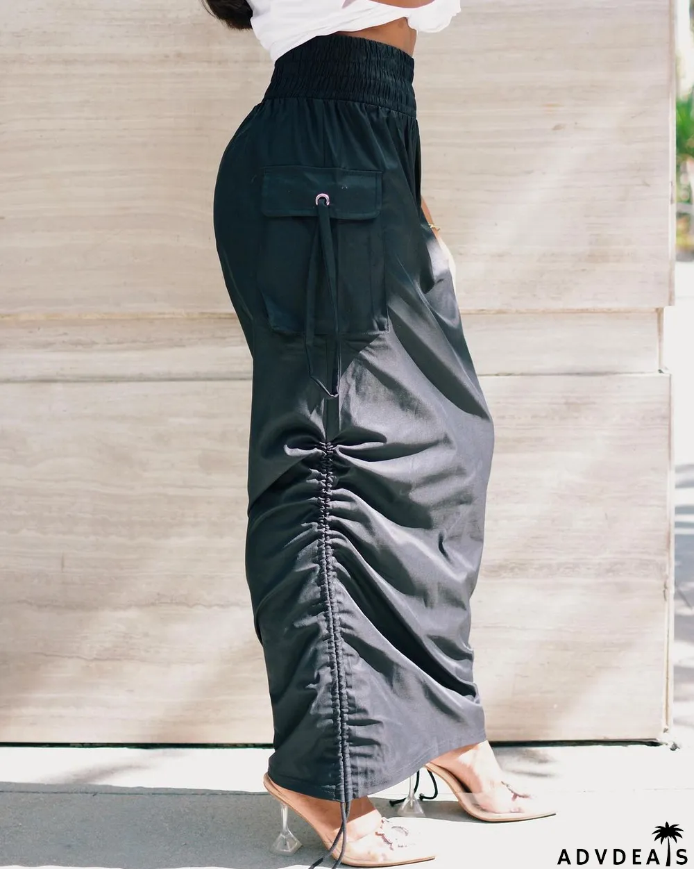 Summer Black High Waist Strings Midi Skirt with Pockets