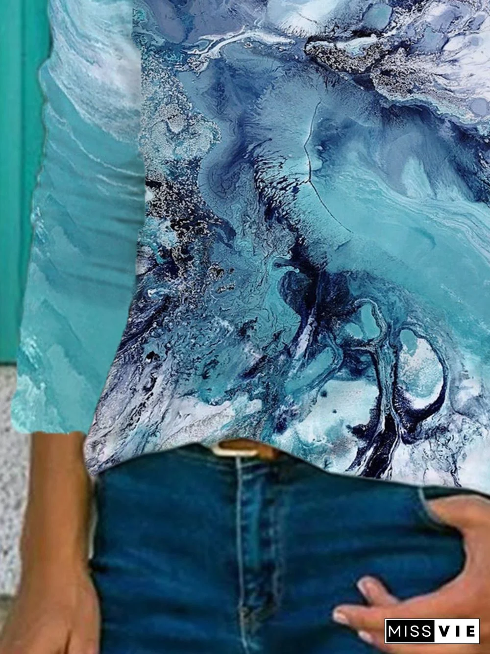 Vintage Ocean Spray Printed Long Sleeve V Neck Plus Size Casual Tops