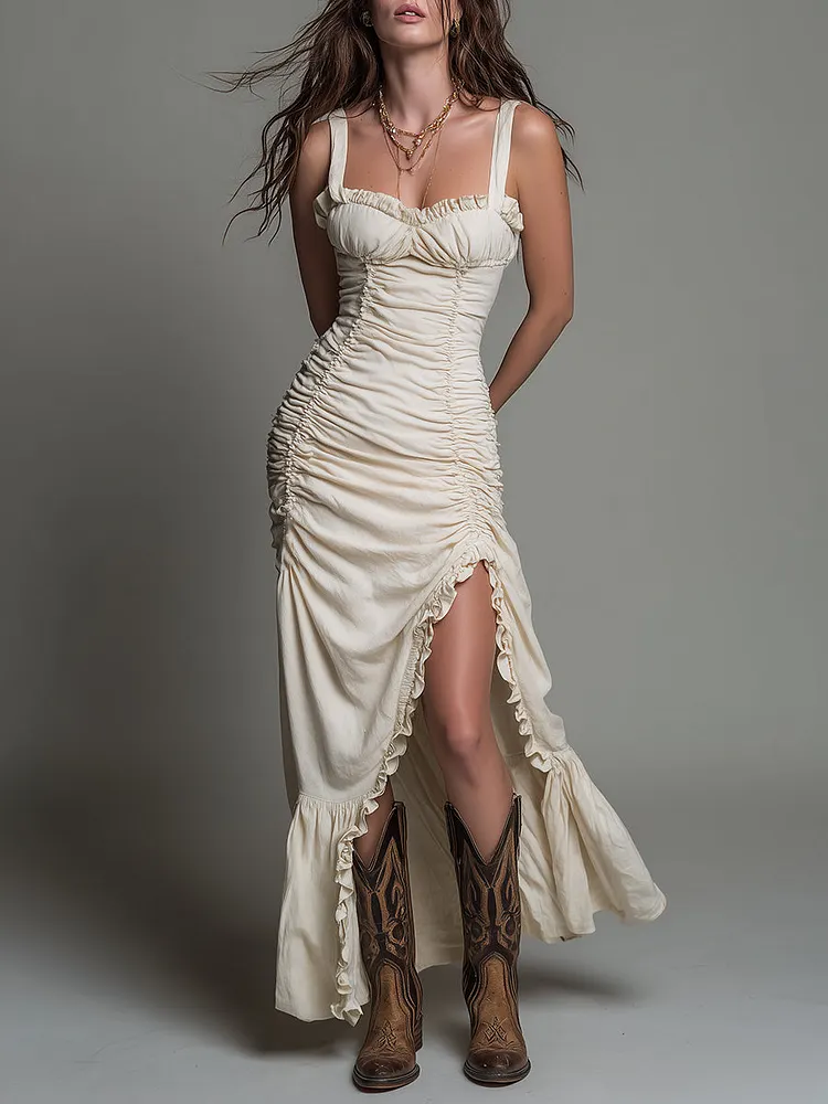 Vintage Cotton Ruched High-Slit Maxi Dress