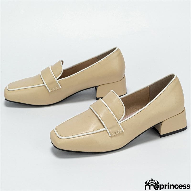 Classy Casual Square Toe Thick Heels Women's Beige Pumps