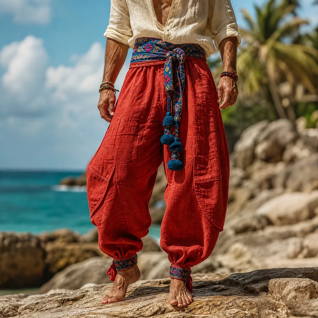 Boho Style Cotton-Linen Harem Pants With Embroidered Waist  And Tassel Detail &ndash; Loose Fit, Wide Leg, Beachwear & Festival Pants-INSPIREUSE