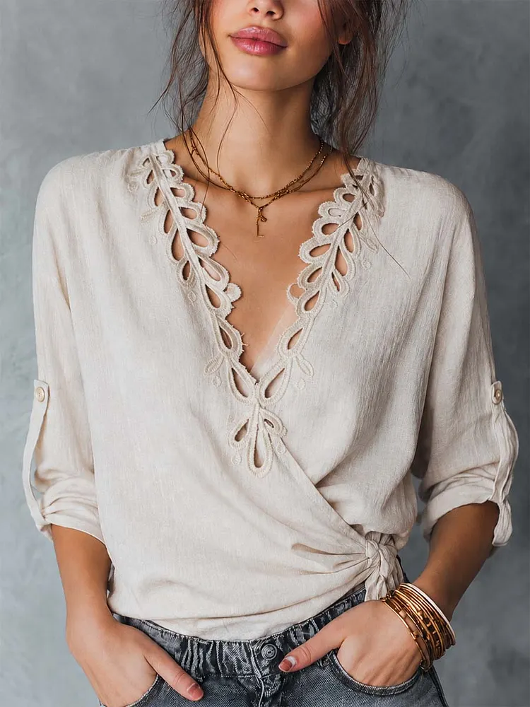 Boho Eyelet Cutout V Neck Wrap Tie Side Roll Tab Sleeve Linen Blouse