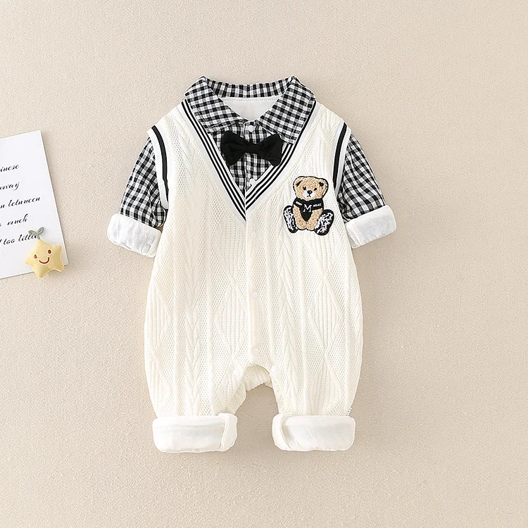 Mock Two-pieces Baby Boy Bear Print Plaid Bow Tie Collar Romper