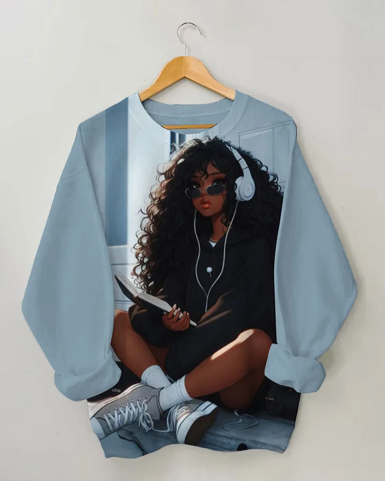 Women's Pretty Casual African girl Print Long-sleeve Sweatshirt