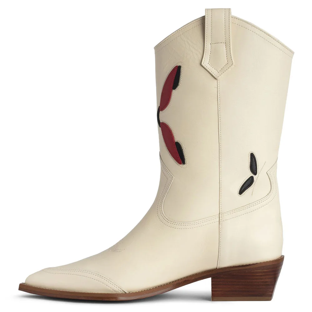 Ivory Vegan Leather Snip Toe Chunky Heel Mid Calf Cowgirl Boots