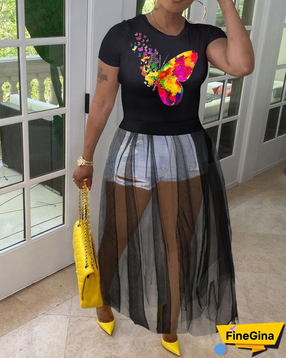 Cool Butterfly Print Mesh Top