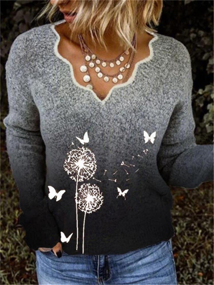 Women Long Sleeve V-neck Floral Printed Sweater Top