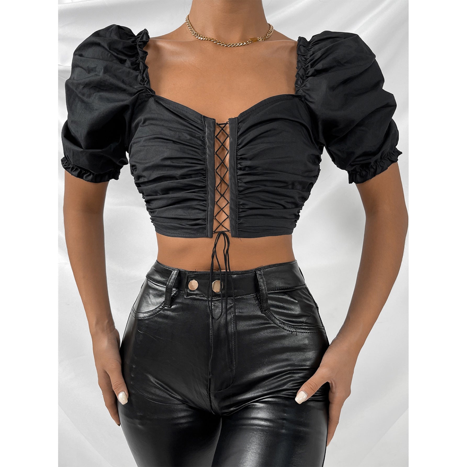 Women Clothing Sexy Street Black Square Collar Solid Color Short Sleeve Slim Fit Tied cropped