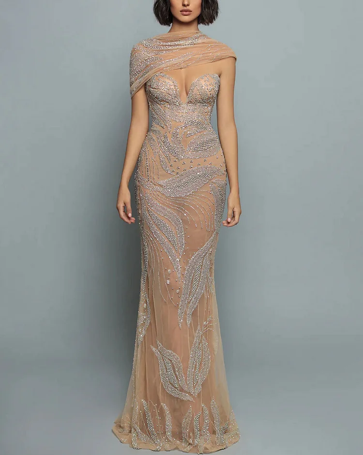 Rhinestone Embroidered Sequin Gown