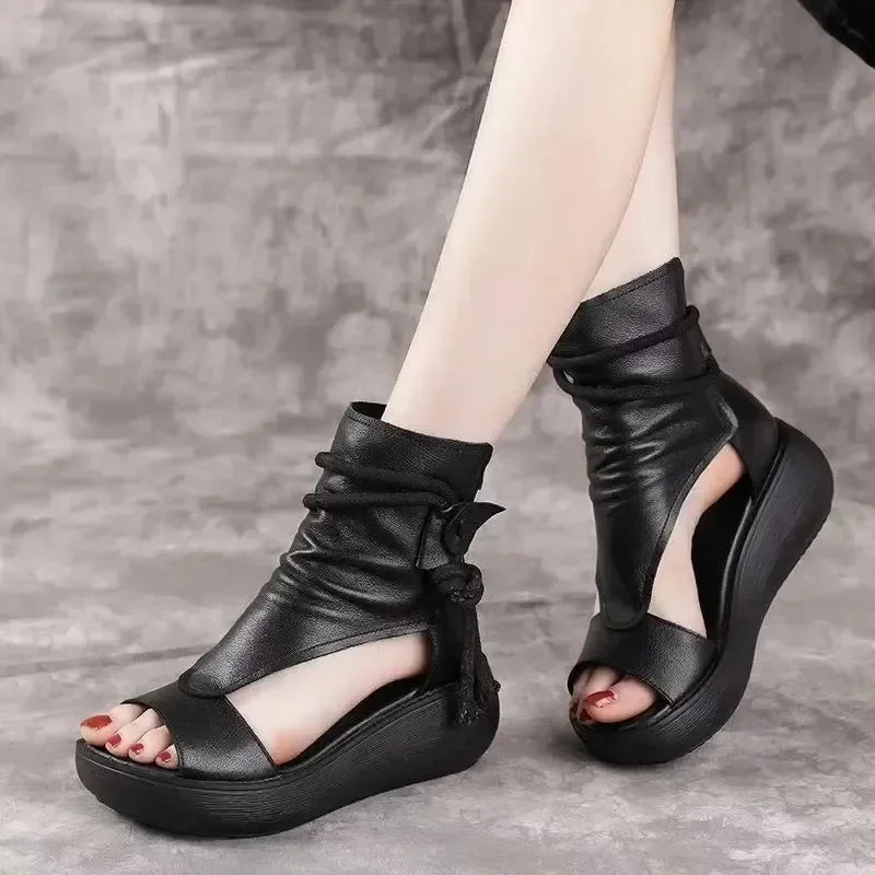 Aiertu Vintage Leather Cool Boots Mid Heels Wedges Shoes Women Ladies Strap Casual Sandalias Fashion Rear Zipper Sandals Spring Summer Aiertu