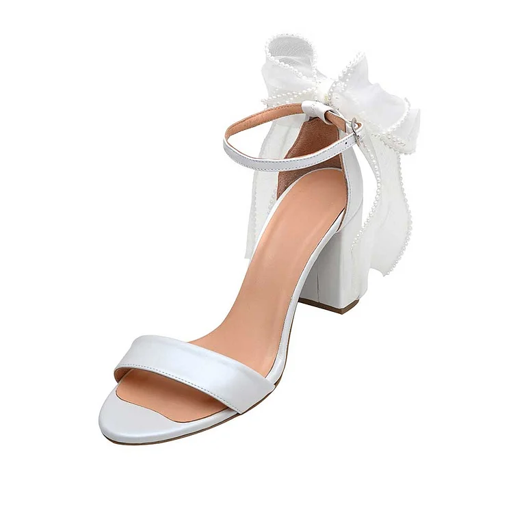 White Organza Bow Pearl Decor Ankle Strap Heeled Wedding Sandals |FSJ Shoes