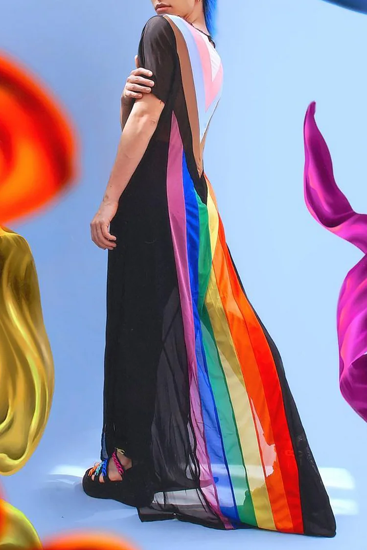 Ciciful Rainbow Striped Mesh See Through Sheer Robe Cover Dress