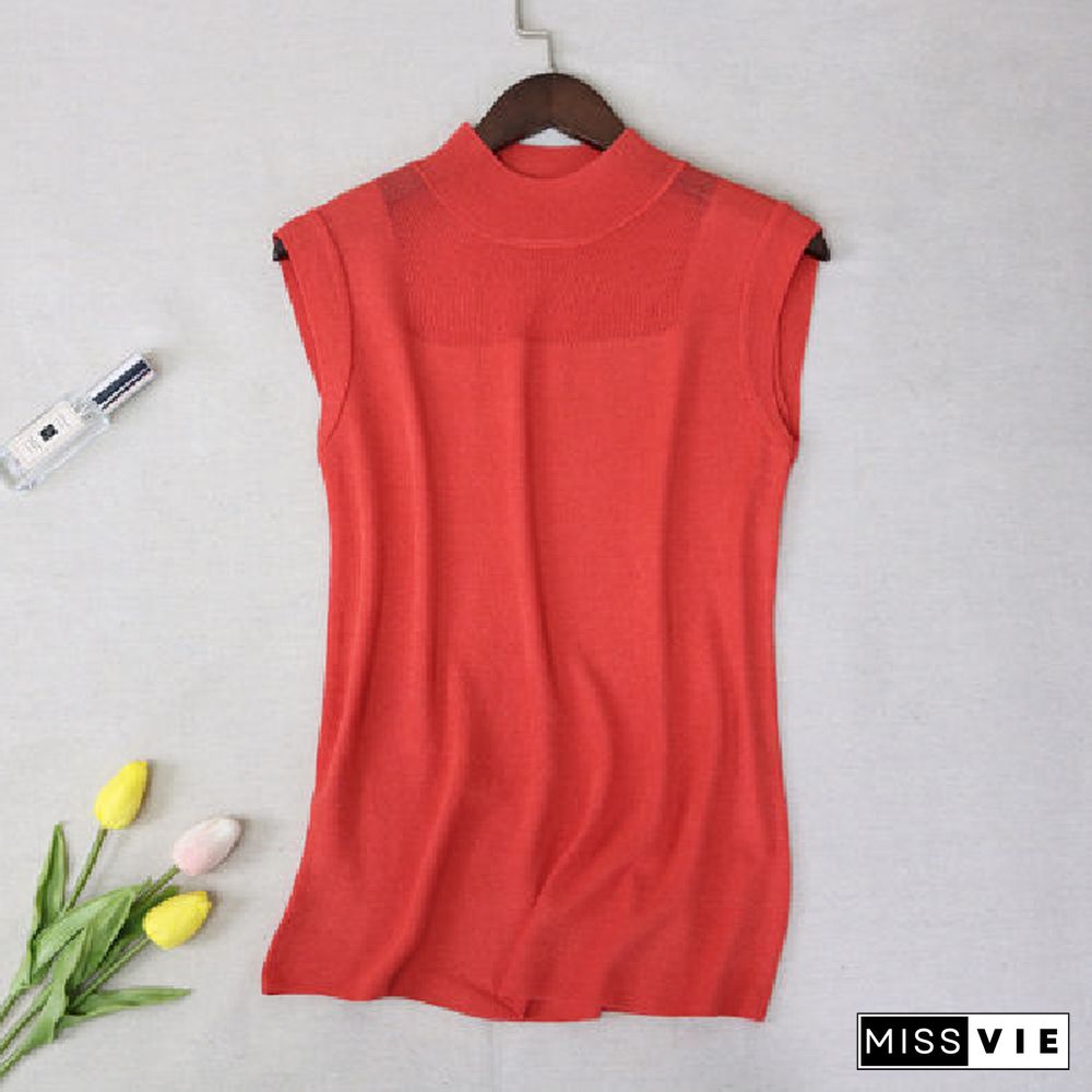 Hollow Out Sleeveless Women Knitted T Shirts Turtleneck Black Lace Sexy Lady Vest T Shirts Pink Loose Summer Thin Knit Tops