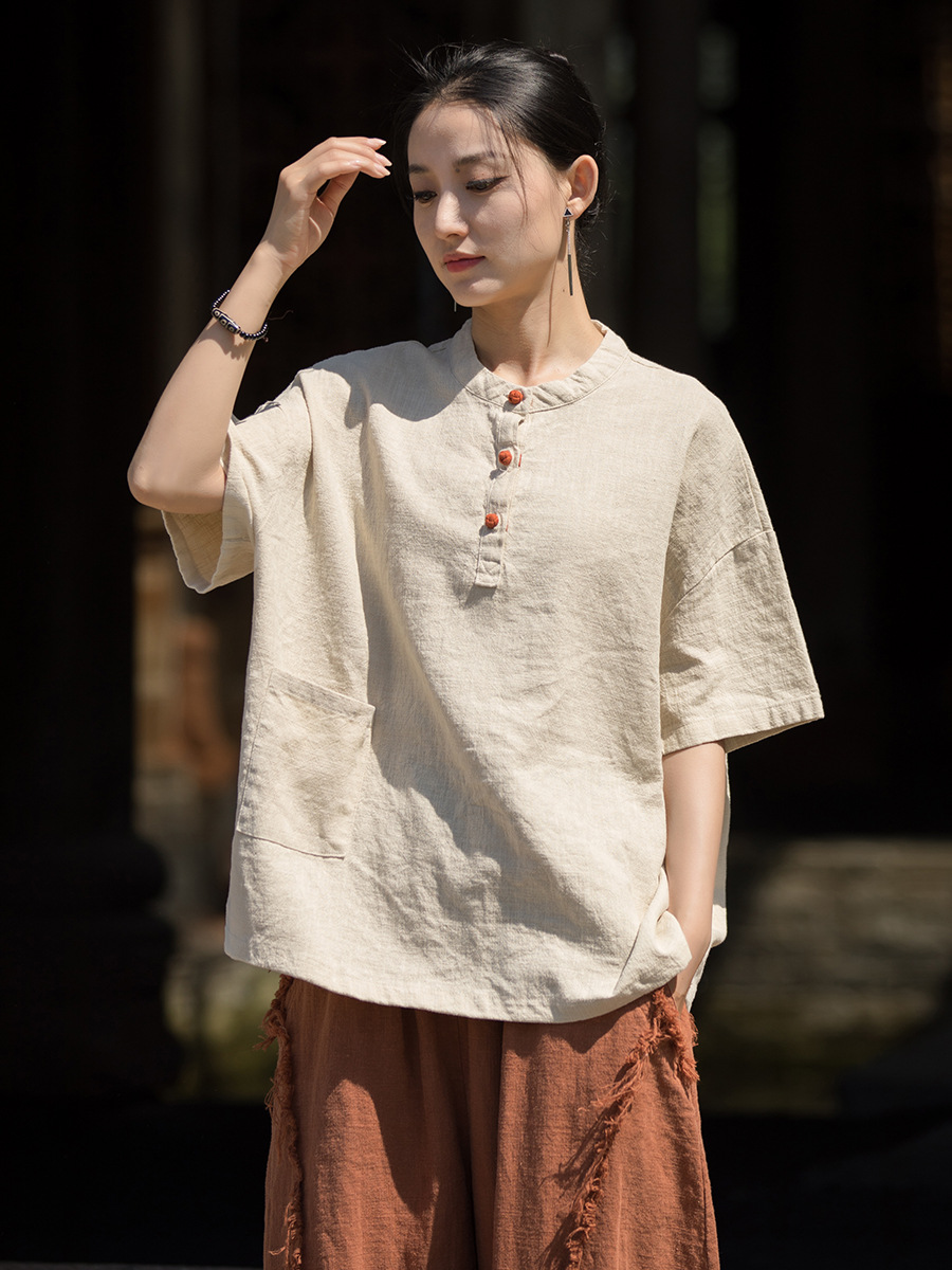 Original Ramie Color-Blocked Chinese Frog Button Half-Sleeve Shirt