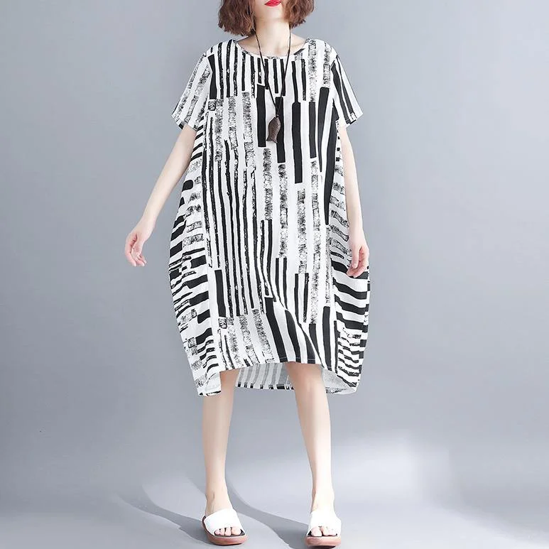 2019 black cotton blended shift dress plus size clothing casual dress Elegant short sleeve Geometric O neck asymmetric knee dresses