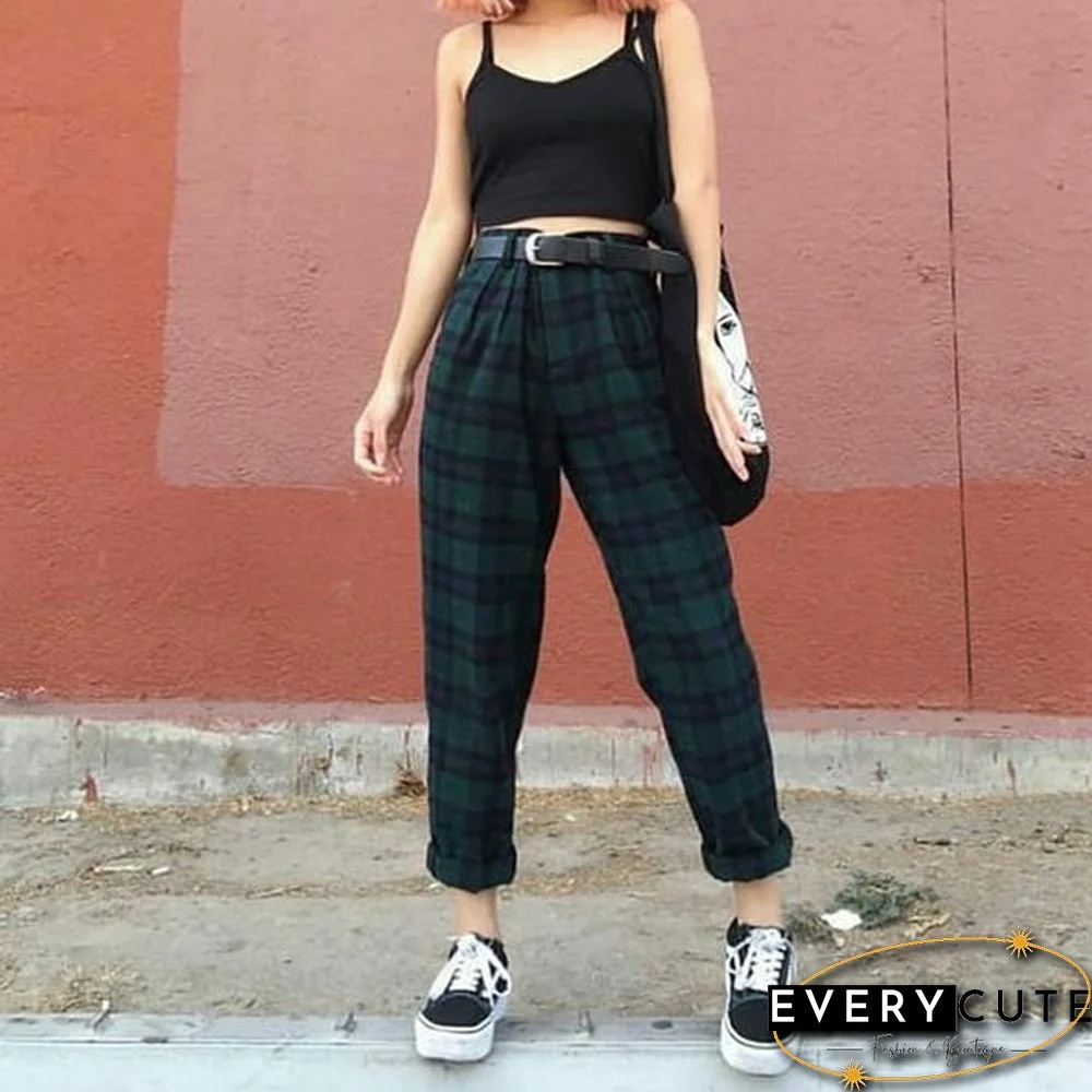 Ladies Casual Retro Checkered Loose Harem Pants Trousers