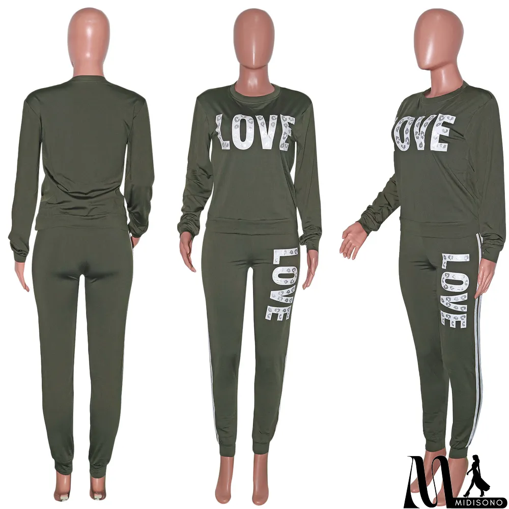 MidiSono - Plus Size Letter Print Long Sleeve 2 Piece Sets
