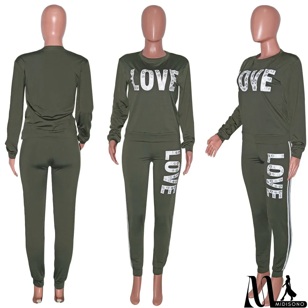 MidiSono - Plus Size Letter Print Long Sleeve 2 Piece Sets