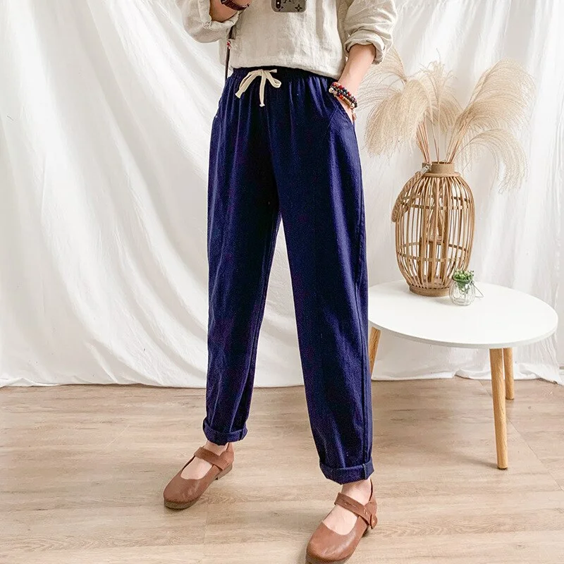 Summer Women'S Pants Cotton Linen Large Size Casual Loose Ankle-Length Capri Pants Drawstring Harem Pants Women'S Wide Trousers