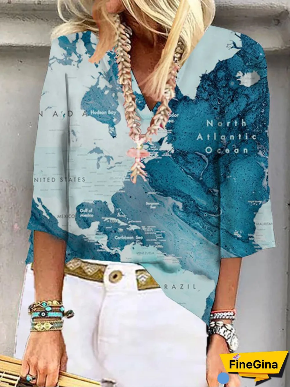 Graphic Half Sleeve Printed Cotton-blend V neck Casual Summer Blue Top