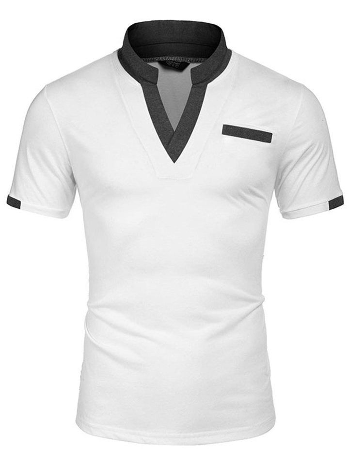 Men's Casual Polo Shirt with Pockets Regular Short Sleeved Polo Shirt with Contrasting Collar Men