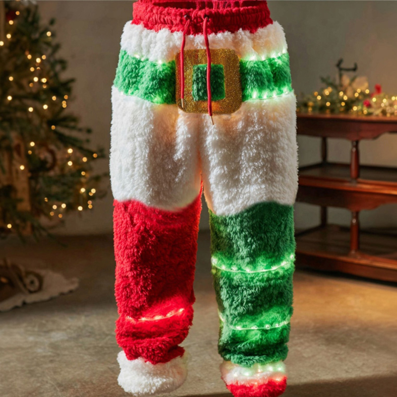 Men's Fun Christmas Lights Color Block Comfortable Plush Sweatpants elevenforest