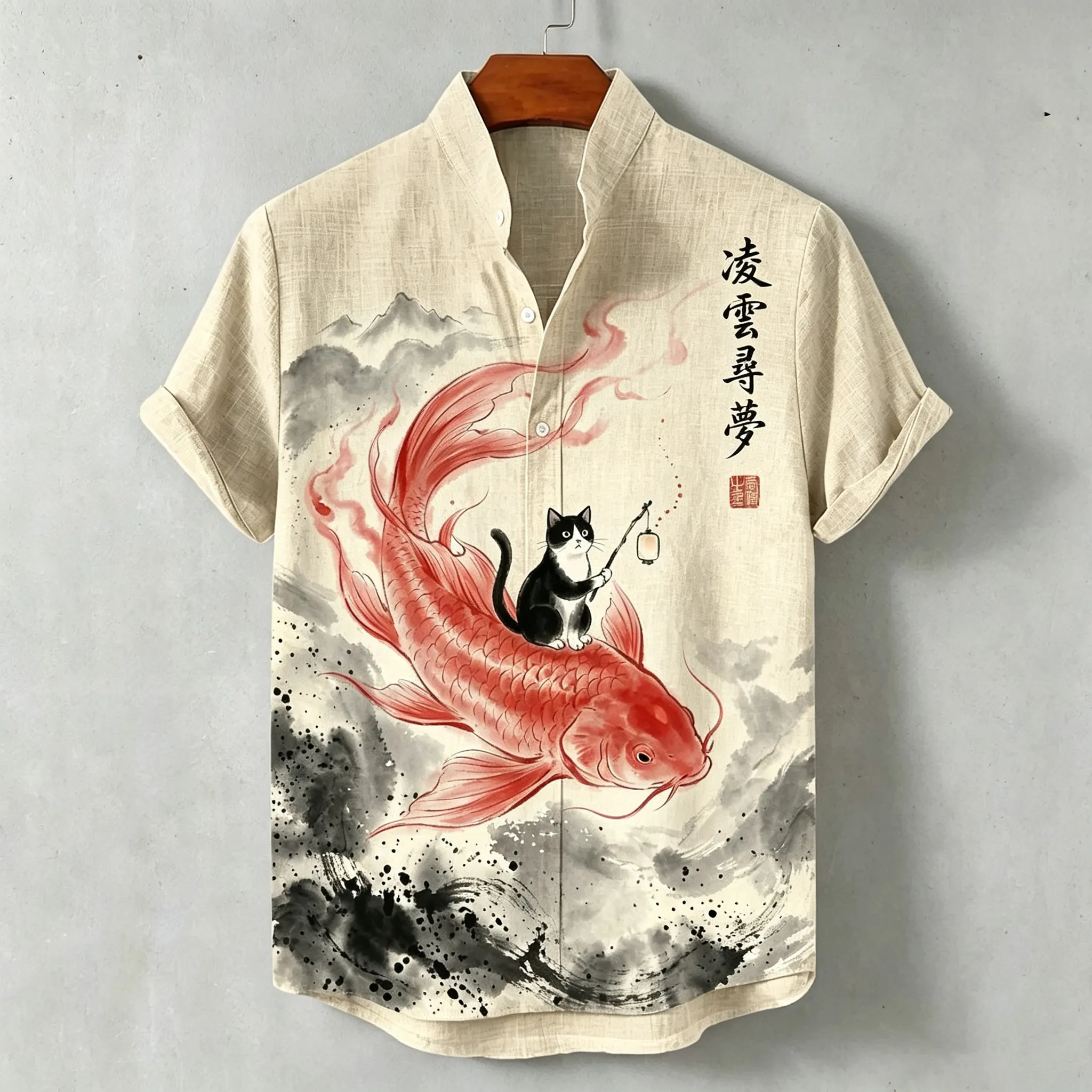 Men's Black Cat Koi Letter Print Short-sleeve Cotton Linen Shirt  artssus