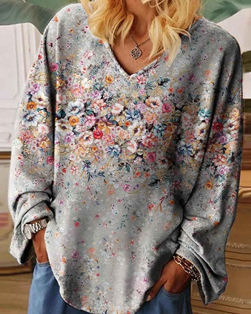 Floral Print Women Round Neck Loose Top